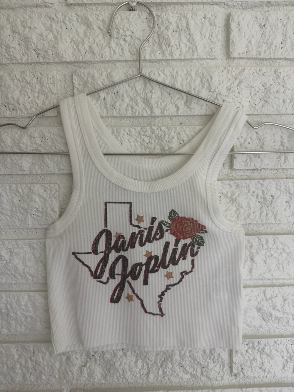 Rowdy Sprout White Ribbed Janis Joplin Graphic Crop Tank